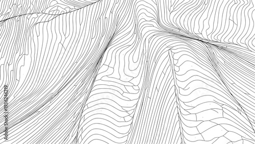 Monochromatic wireframe pattern of an undulating surface with fine contour lines creating a sense of three-dimensional depth and motion.