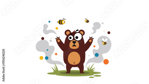 Humorous cartoon illustration of a panicked brown bear surrounded by buzzing bees and grey smoke clouds in a grassy field.