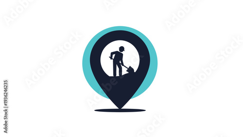 Service and construction location icon featuring a teal and black map pin with a silhouette of a man digging with a shovel.