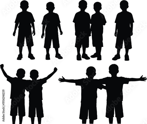 Children silhouettes collection featuring pairs in standing, expressive, celebratory, welcoming poses, body language, social interaction, vector illustration design