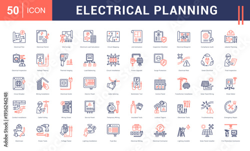 Electrical Planning Icon Set. Electrical Plan, Electrical Permit, Site Survey, Electrical Load Calculation, Circuit Mapping and more. Line Dual Tone style vector icons collection.