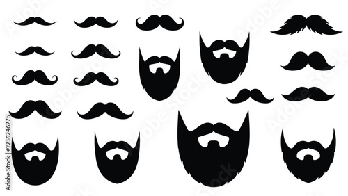 Comprehensive collection of various mustache and beard styles in black silhouette for barbershop menus and male grooming character design.