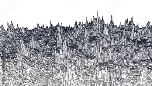 Intricate digital wireframe mesh representing a complex 3d landscape with numerous sharp peaks and valleys creating a technological terrain.