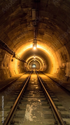 Wallpaper Mural Long tunnel with train tracks leading toward a bright light at the exit. The arched ceiling is lit, creating a warm glow Torontodigital.ca