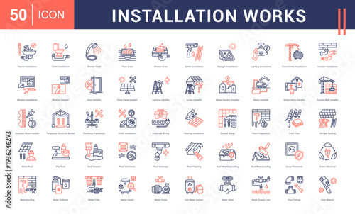 Installation Works Icon Set. Faucet Installation, Toilet Installation, Shower Head, Floor Drain, Shower Drain and more. Line Dual Tone style vector icons collection.