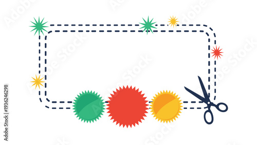 Decorative coupon frame design featuring a dashed rectangular border, colorful jagged starbursts, and scissors on a white background.