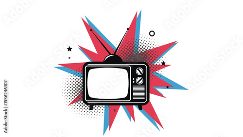 Retro television set with a white screen placed against a dynamic burst of red and blue comic book style explosion effects.