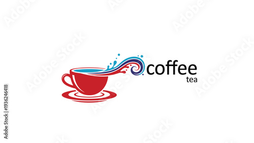 Creative logo design for a coffee or tea shop featuring a red cup with a colorful liquid splash forming a swirl next to text.