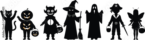 Halloween children silhouettes featuring costumes of cat, pumpkin, devil, witch, ghost, pirate, fairy, trick-or-treating, vector illustration design
