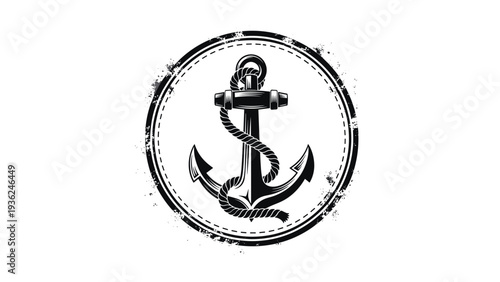 Vintage style black anchor emblem enclosed in a circular frame with a rope detail and a distressed, weathered texture.