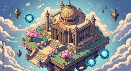 Fantasy floating temple with pink trees and blue orbs in sky isometric illustration of ancient architecture