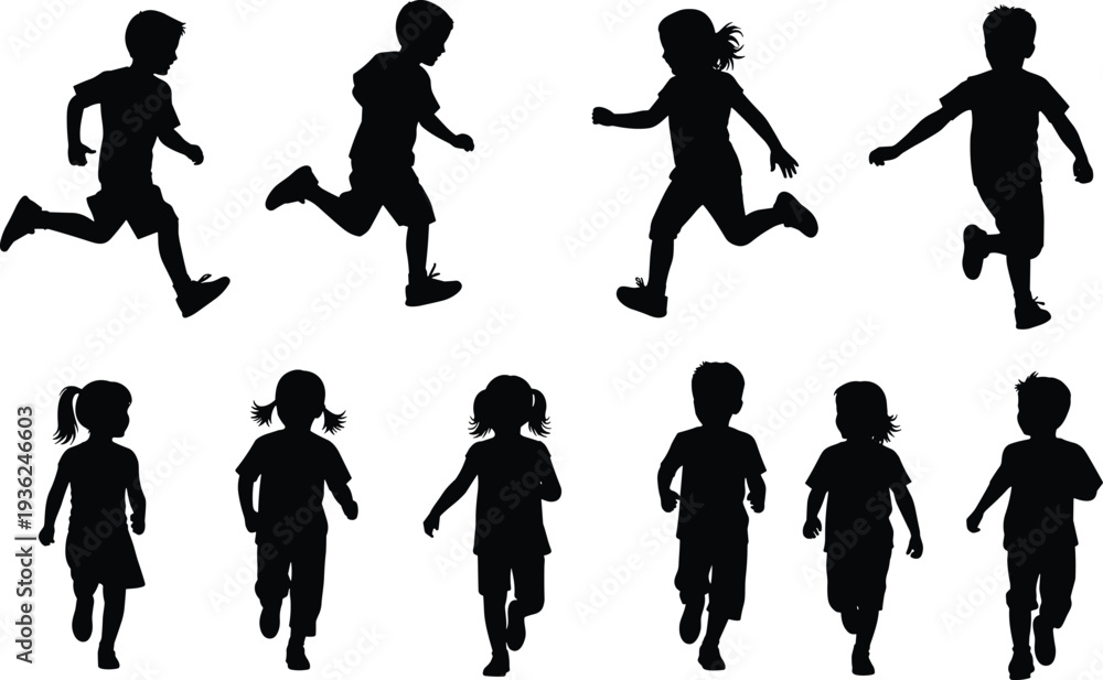 Obraz premium Children silhouettes collection featuring running, walking, and standing poses, vector illustration for education, recreation, movement, posture, and design projects