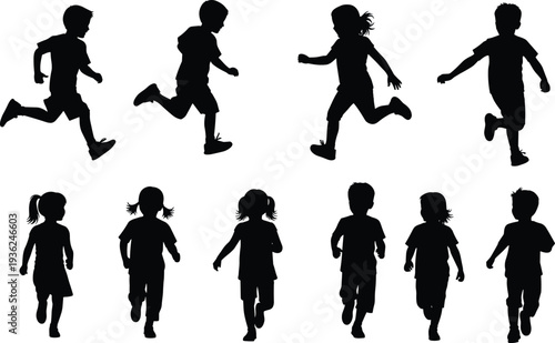 Children silhouettes collection featuring running, walking, and standing poses, vector illustration for education, recreation, movement, posture, and design projects