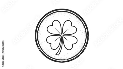 Black and white circular stamp featuring a four-leaf clover in the center, symbolizing good luck and Irish tradition with a grain texture.