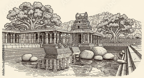 Ancient temple complex with a serene pond and stone steps leading to a tranquil water feature surrounded by trees