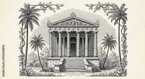 Ancient temple with columns and palm trees in a tropical setting illustration of a classical building