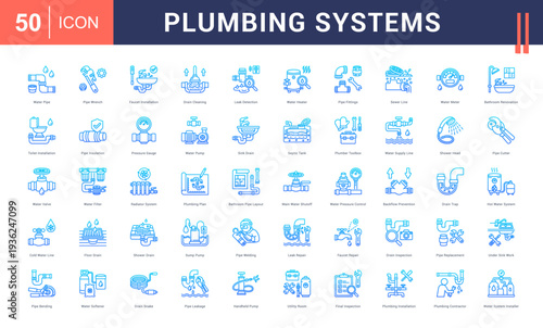 Plumbing Systems Icon Set. Water Pipe, Pipe Wrench, Faucet Installation, Drain Cleaning, Leak Detection and more. Line Gradient style vector icons collection.