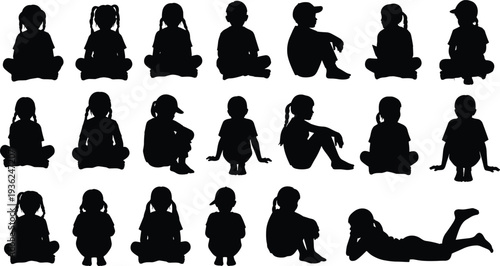 Children silhouettes sitting cross legged, reclining, relaxing, diverse hairstyles, clothing styles, front view, rear view, profile poses, vector illustration