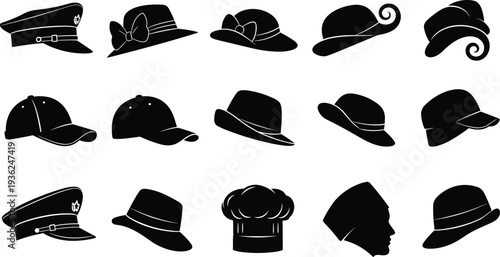 Hat silhouettes collection featuring military caps, baseball caps, fedoras, bowler hats, chef hats, wide-brimmed styles, fashion vector illustration design