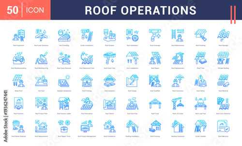 Roof Operations Icon Set. Roof Inspection, Roof Leak Detection, Roof Cleaning, Gutter Installation, Roof Sealant and more. Line Gradient style vector icons collection.