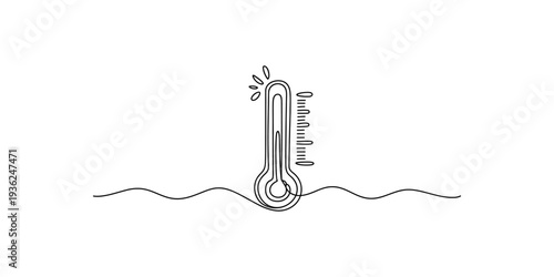A simple continuous line art drawing of a thermometer showing a high temperature reading on a wavy surface Vector, illustration