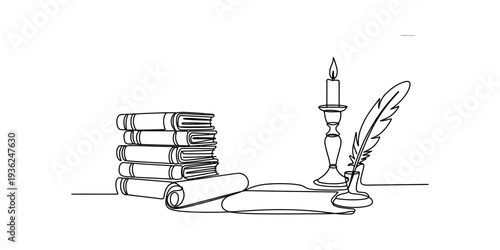 A vintage writing set featuring a stack of old books, a scroll, a candlestick, and a quill pen Vector, illustration