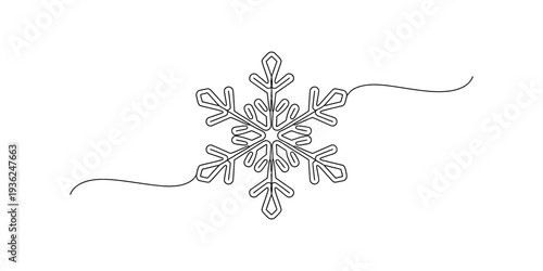 A detailed black and white illustration of a symmetrical snowflake with delicate dashed lines extending outwards. Vector, illustration