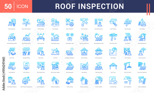 Roof Inspection Icon Set. Roof Inspection, Roof Leak Detection, Roof Cleaning, Roof Sealant, Roof Ventilation and more. Line Gradient style vector icons collection.