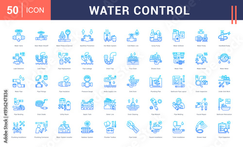 Water Control Icon Set. Water Valve, Main Water Shutoff, Water Pressure Control, Backflow Prevention, Hot Water System and more. Line Gradient style vector icons collection.