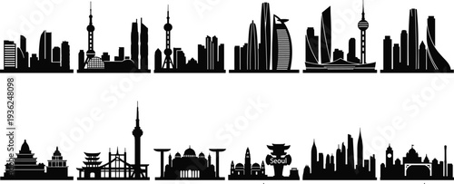 City skyline silhouettes featuring modern skyscrapers, iconic towers, temples, bridges, historical landmarks, urban architecture, vector illustration design elements