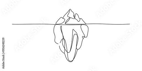 Simple line drawing of an iceberg floating in water with its tip above the surface. Vector, illustration