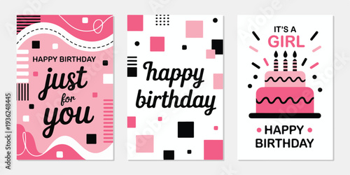 Happy birthday greetings with pink and white abstract wavy shapes and geometric elements illustrations