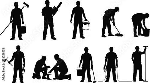 Cleaning silhouette collection, ten maintenance tasks, janitorial vector illustration design, service job graphics, labor art elements, workplace inspiration