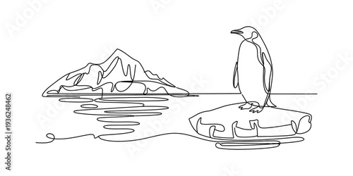One line drawing of a penguin standing on a floating ice block in the arctic ocean. Vector, illustration