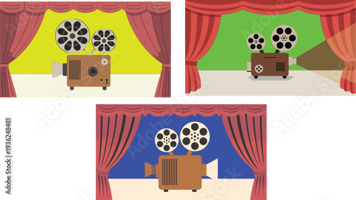 Vintage movie projector collection on theater stage with red curtains and colorful backgrounds for cinema premiere film screening