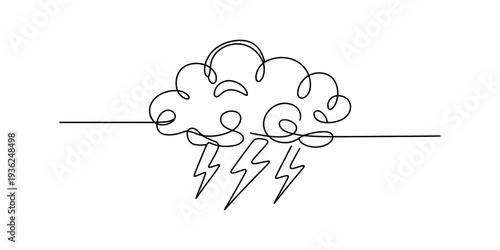 Continuous line drawing of a storm cloud with lightning bolts indicating a thunderstorm Vector, illustration
