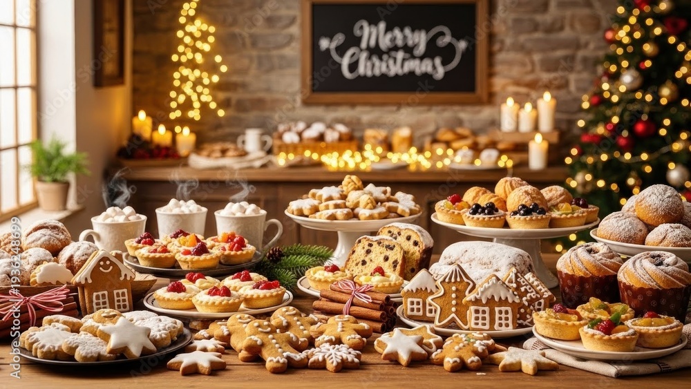 Fototapeta premium A festive Christmas dessert table with a chalkboard sign reading 'Merry Christmas'