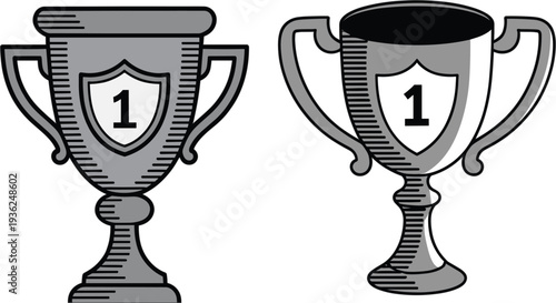 Vintage style black and white vector illustration of two championship trophy cups with first place shield isolated on white background