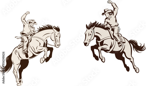 Vintage style vector illustration set of two professional rodeo cowboys riding bucking bronco horses isolated on white background