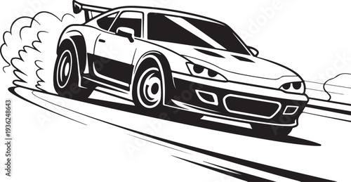 Aggressive sports car drifting on a race track, tires smoking, creating motion blur and skid marks, high performance racing