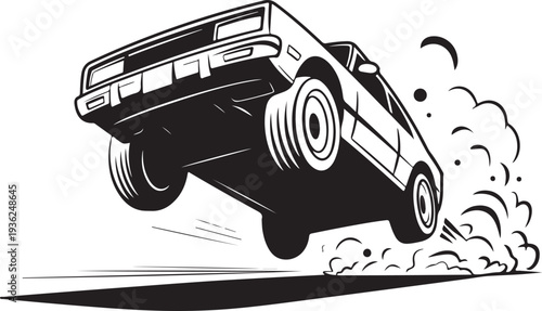 Dynamic illustration of a classic car performing a stunt, jumping with wheels in air, leaving smoke and dust clouds, high action