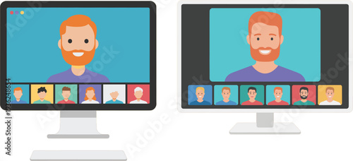 Virtual Business Meeting on Computer Screen with Diverse Team Group Video Conference Call Remote Work Collaboration Flat Vector Illustration