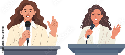 Young Confident Woman Public Speaker Standing at Podium Holding Microphone Giving Speech Professional Presentation Leadership Concept