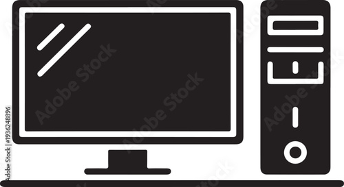 Computer system unit and monitor icon for technology and digital media presentation realistic outline