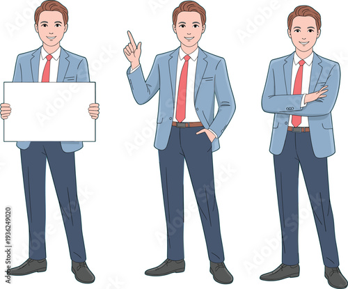 Young professional businessman character set in three poses holding blank white board pointing up and standing confident