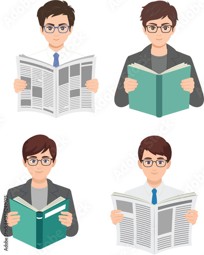 Young professional businessman character set wearing glasses reading newspapers and books for education global news and office information concept flat vector illustration