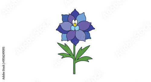 Blue purple iris flower with green stem and leaves