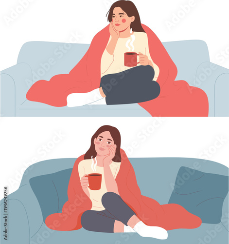 Young woman sitting on sofa wrapped in warm blanket holding a cup of hot coffee or tea flat vector illustration for winter comfort and relaxation concepts