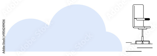 Cloud storage, digital workspace, online data sharing, remote work, technology solutions, virtual office. Minimal cloud shape with a modern office chair. Cloud storage and digital workspace