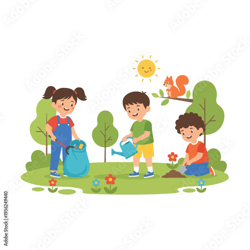 Three cheerful children actively participate in environmental care by picking up litter, watering plants, and planting flowers in a sunny park with trees and a squirrel.